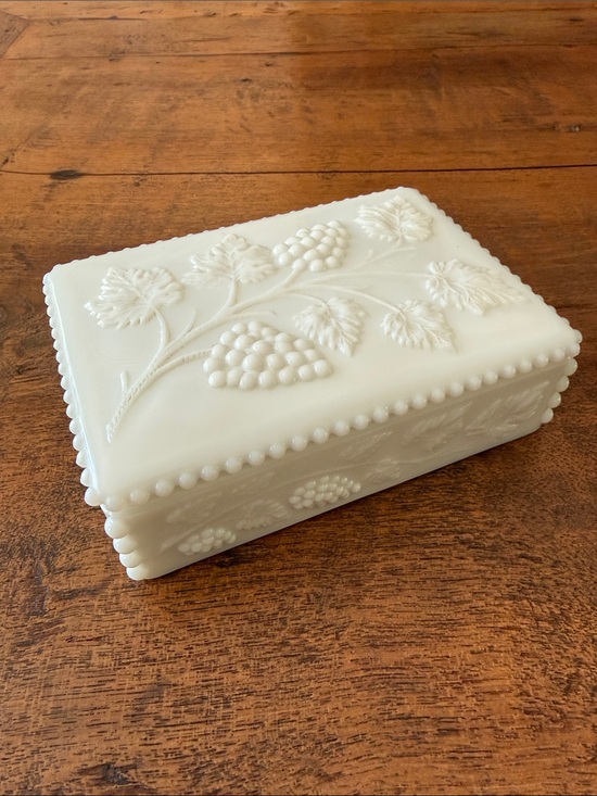 Westmoreland Other - Vintage Westmoreland Milk Glass Lidded Box w/ Grapes & Vines and Beaded Edges